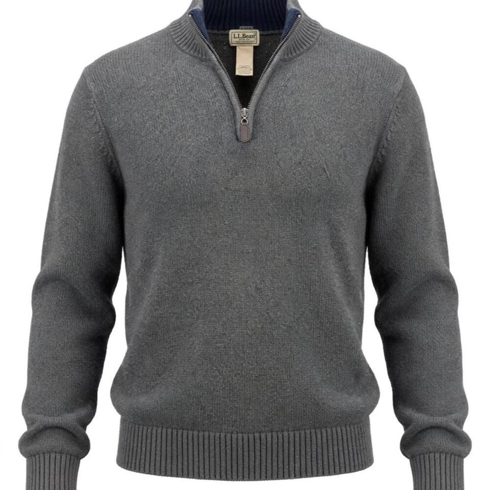 L.L.Bean Sweater Mens M-Reg Gray Heather Quarter Zip Cotton Pullover Navy Trim